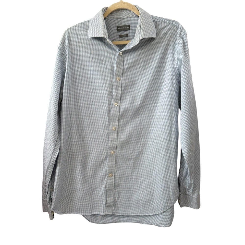 Michael Kors Large Blue White Check Slim Fit Long Sleeve Button Down Dress Shirt